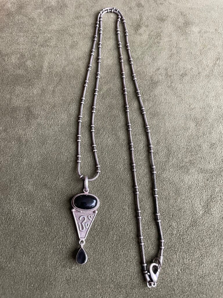 Vintage Sterling Silver & Black Onyx Om Necklace