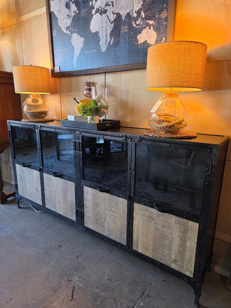 Industrial Style Credenza with Glass Doors