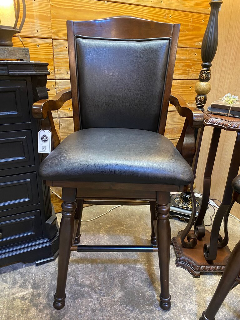 Pair of Bar Stools with Black Upholstered Seats and Wooden Frame