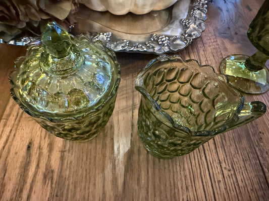 Green Glass Honeycomb Container and Creamer Set