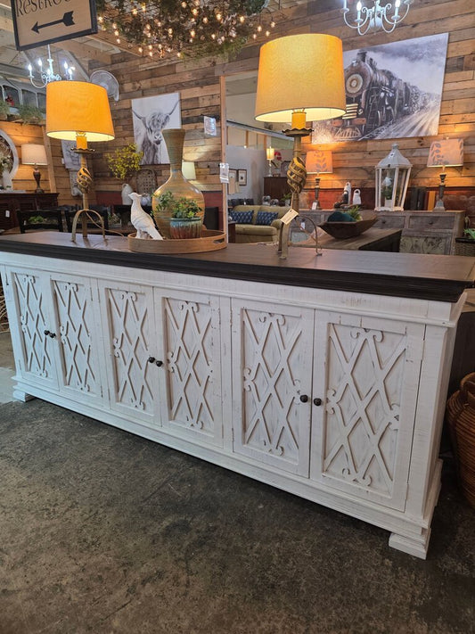 Vintage White Wooden Sideboard with Decorative Doors