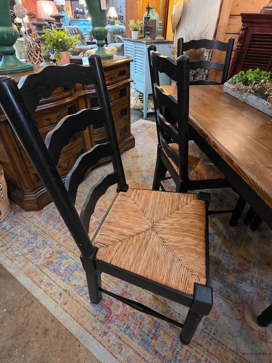 Black Wooden Dining Table with 6 Chairs with Natural Seat
