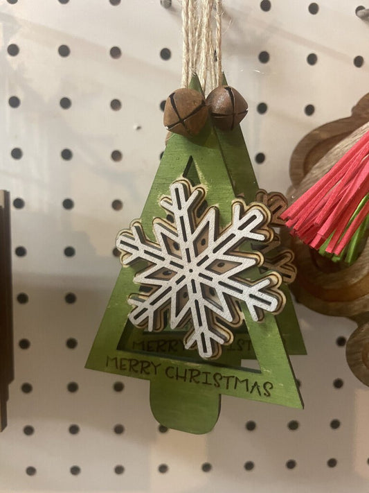 Wood tree with snowflake ornament