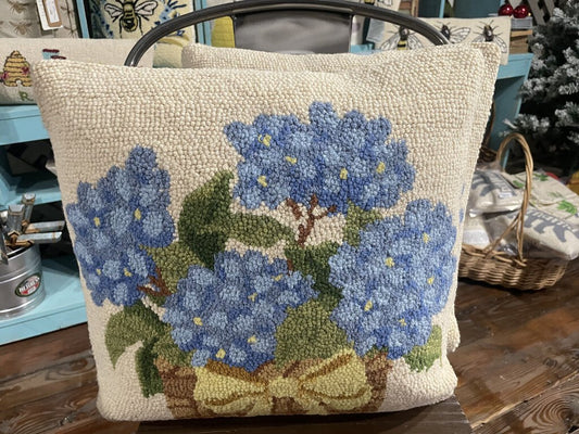 Blue hydrangea floral basket pillow