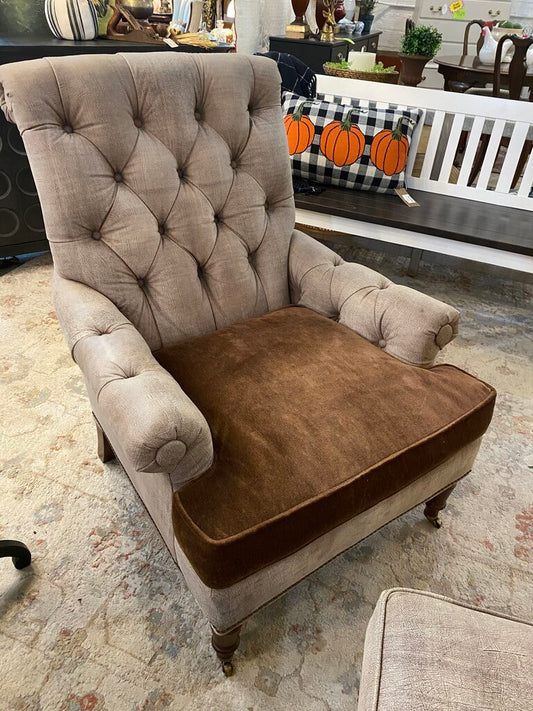 Pair of Hickory Oversized Tufted Arm Chairs with Ottoman