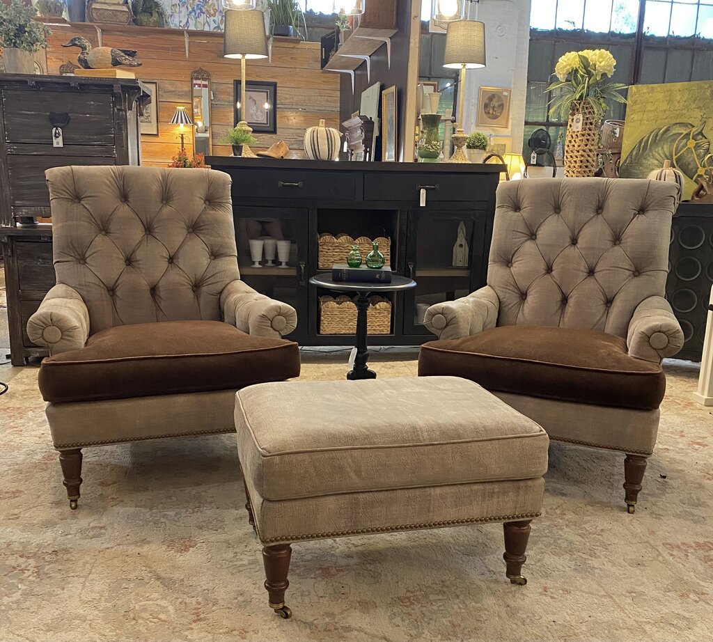 Pair of Hickory Oversized Tufted Arm Chairs with Ottoman