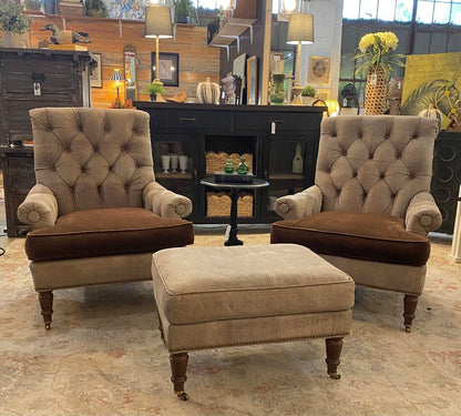 Pair of Hickory Oversized Tufted Arm Chairs with Ottoman