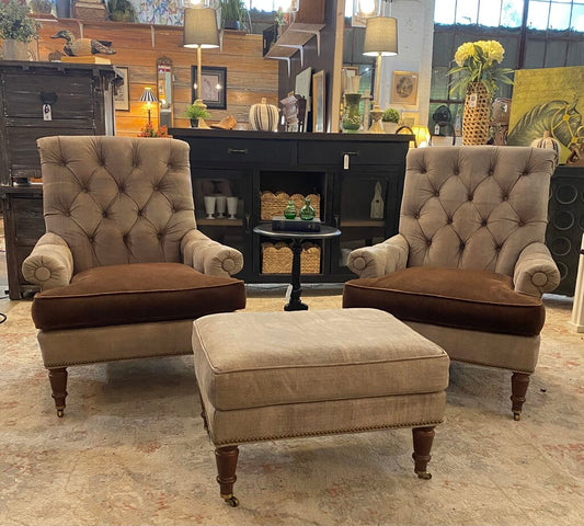 Pair of Hickory Oversized Tufted Arm Chairs with Ottoman