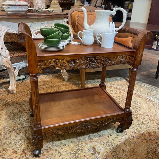 Precious Vintage Wooden Carved Tea Cart
