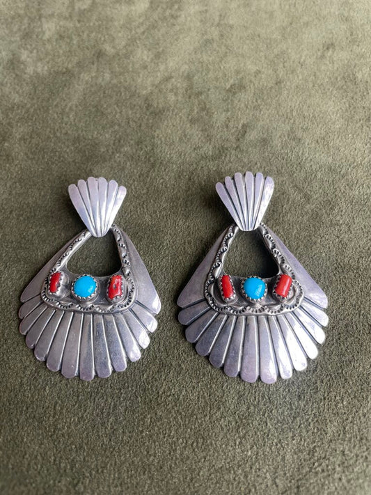 Vintage Southwestern Turquoise & Coral Fan Earrings