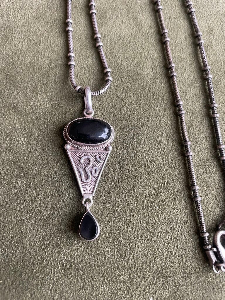 Vintage Sterling Silver & Black Onyx Om Necklace