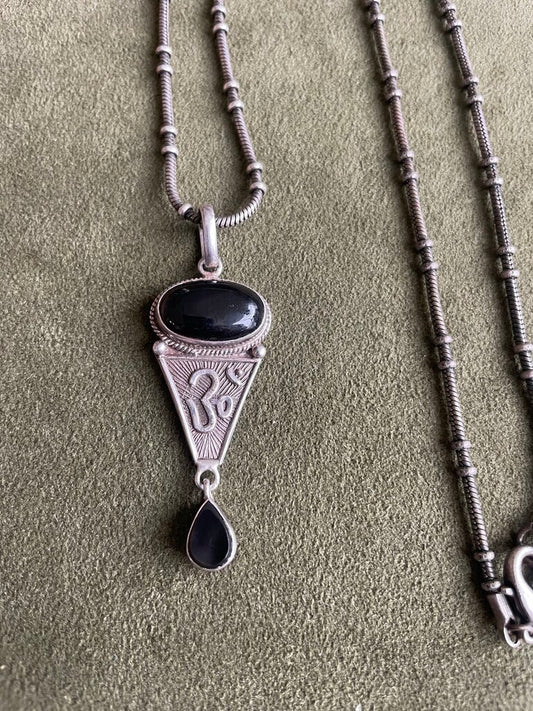 Vintage Sterling Silver & Black Onyx Om Necklace