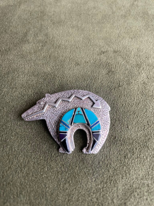 Vintage Southwestern Sterling Silver Inlay Bear Brooch