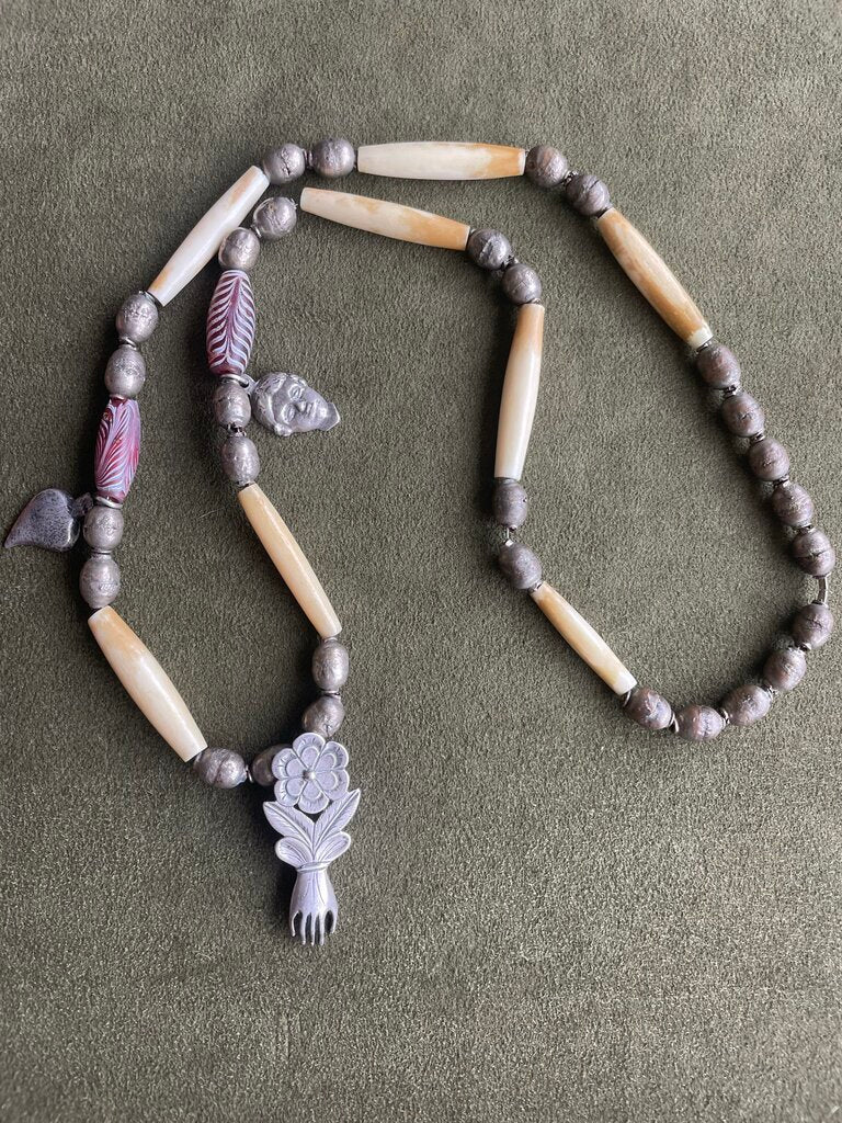 El Potrero Trading Post Bone, Silver & Antique Glass Prayer Necklace