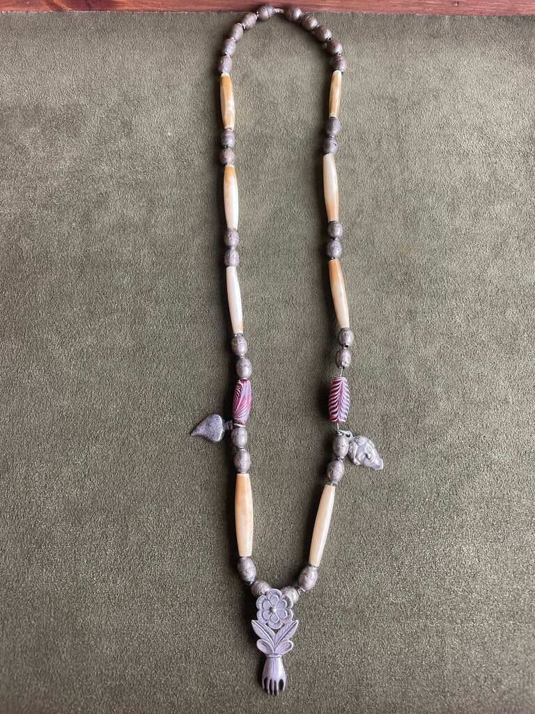 El Potrero Trading Post Bone, Silver & Antique Glass Prayer Necklace