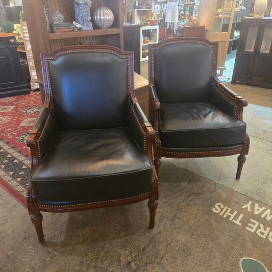 Pair of Elegant Pennsylvania House Black Leather Armchairs