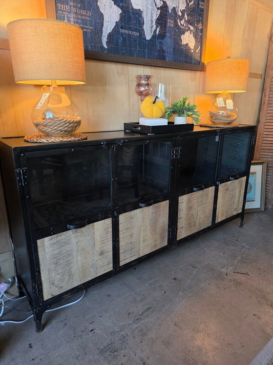 Industrial Style Credenza with Glass Doors