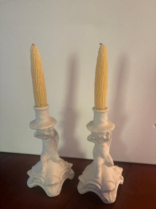 Vintage White Porcelain Candle Holders with Yellow Beeswax Candles