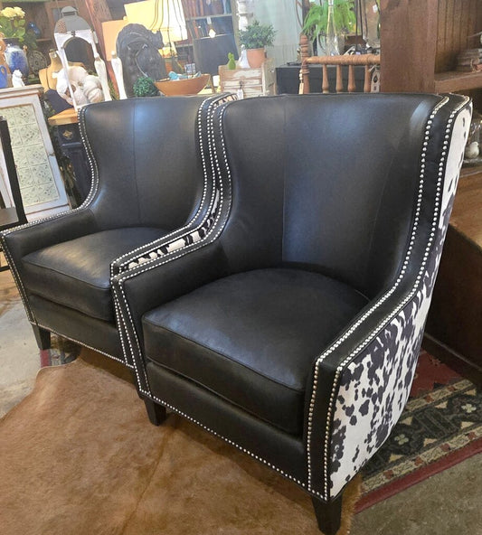 Pair of Two Lovely Black and White Vegan Leather and Faux Cowhide Chairs