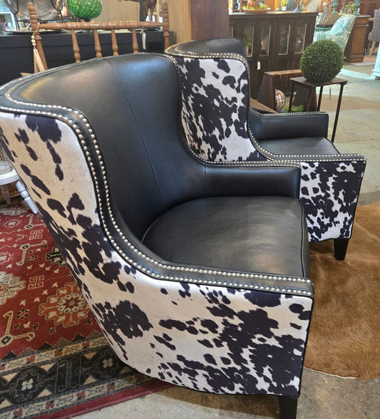Pair of Two Lovely Black and White Vegan Leather and Faux Cowhide Chairs