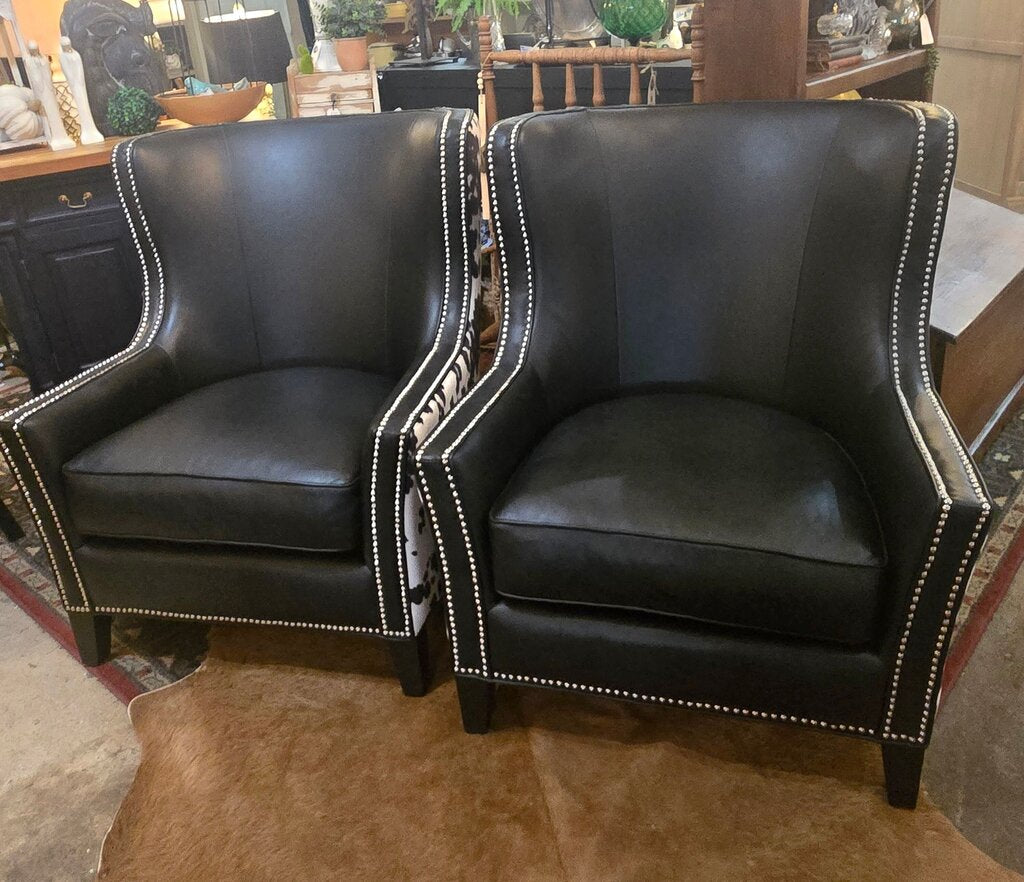 Pair of Two Lovely Black and White Vegan Leather and Faux Cowhide Chairs