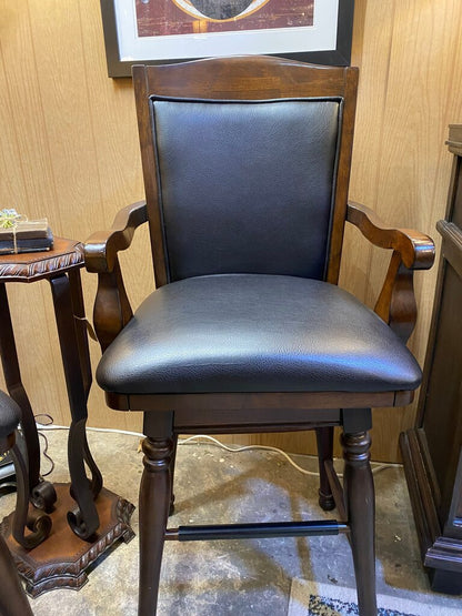 Pair of Bar Stools with Black Upholstered Seats and Wooden Frame
