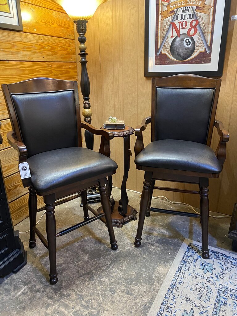 Pair of Bar Stools with Black Upholstered Seats and Wooden Frame