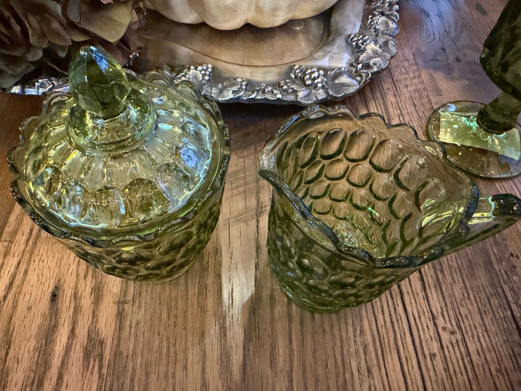 Green Glass Honeycomb Container and Creamer Set