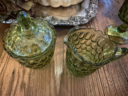 Green Glass Honeycomb Container and Creamer Set