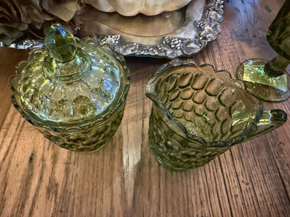 Green Glass Honeycomb Container and Creamer Set