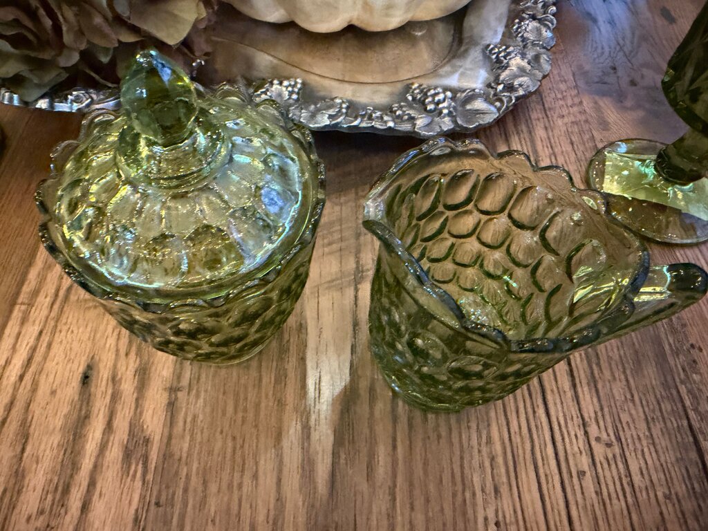 Green Glass Honeycomb Container and Creamer Set