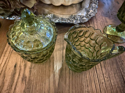 Green Glass Honeycomb Container and Creamer Set