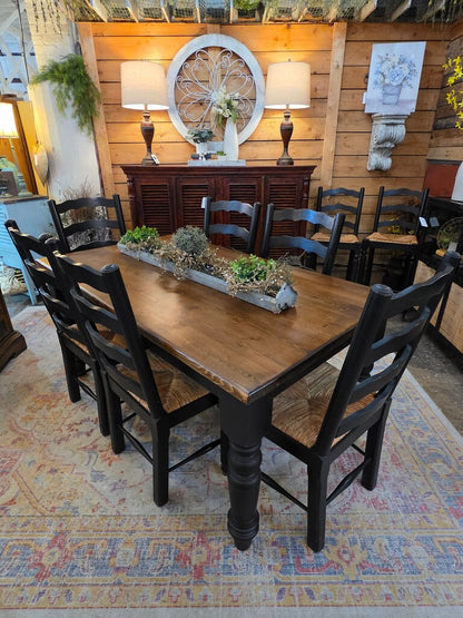 Black Wooden Dining Table with 6 Chairs with Natural Seat